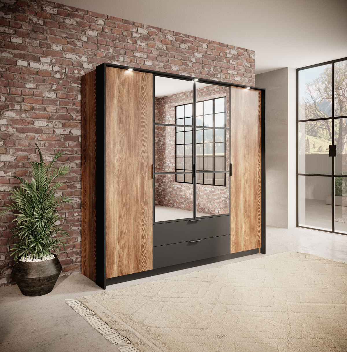 Wood wardrobe with mirrored door panels and hanging cabinet with lower drawer
