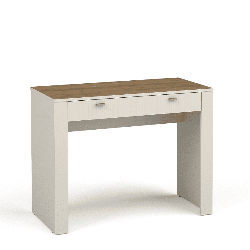 Cashmere dressing table with woodgrain top, one drawer, and open storage shelf