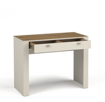 Cashmere dressing table with woodgrain top and sliding drawer front