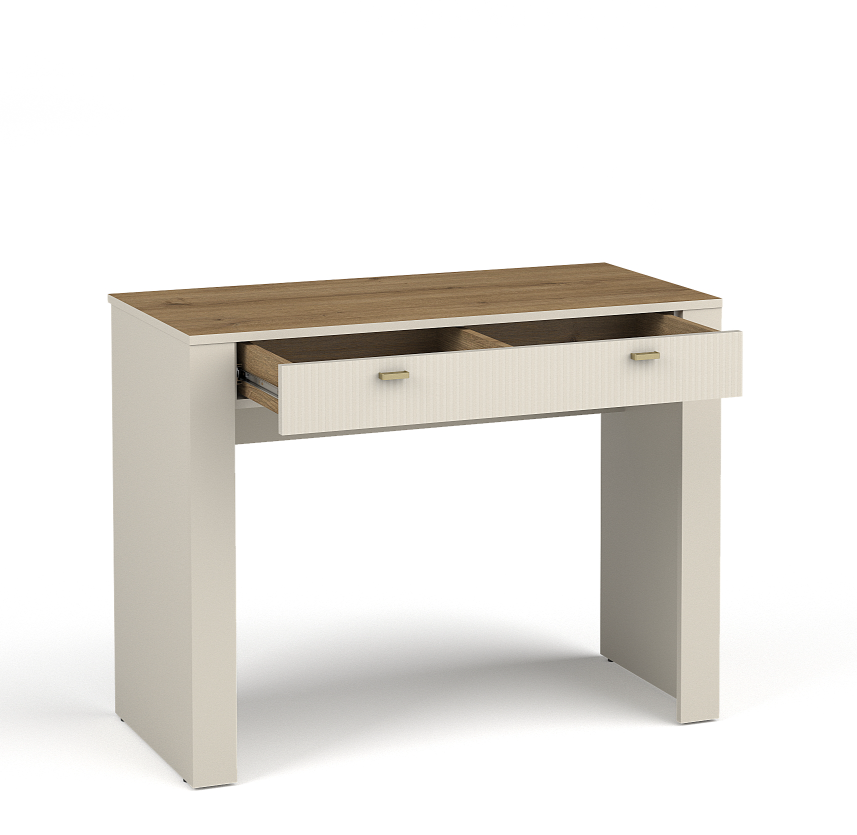 Cashmere dressing table with woodgrain top and sliding drawer front