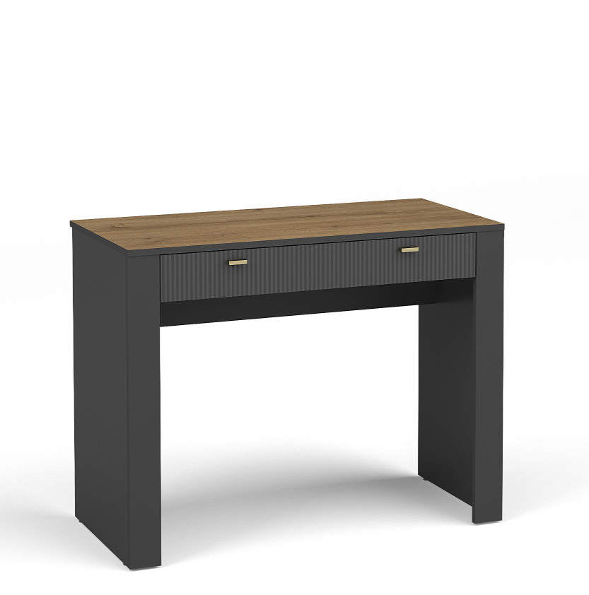 Black dressing table with woodgrain top and ribbed drawer front with brass handle