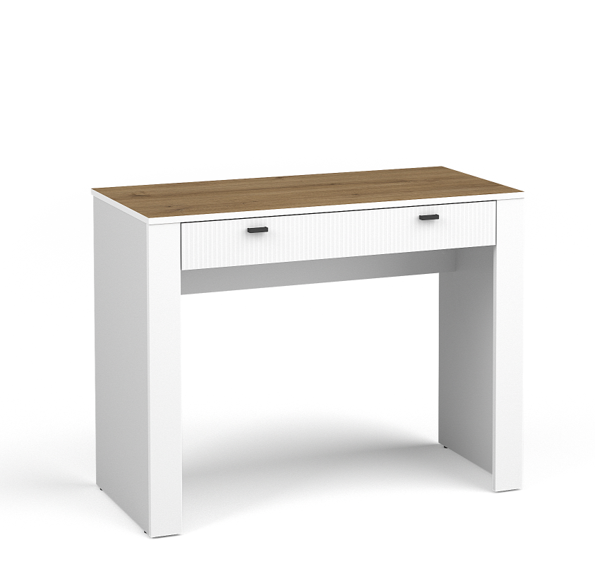 White dressing table with woodgrain top, two-tone panel drawer, and open compartment