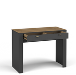 Black dressing table with woodgrain top, one drawer, and open storage space