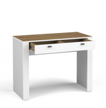 White dressing table with woodgrain top and drawer with metal bar handle