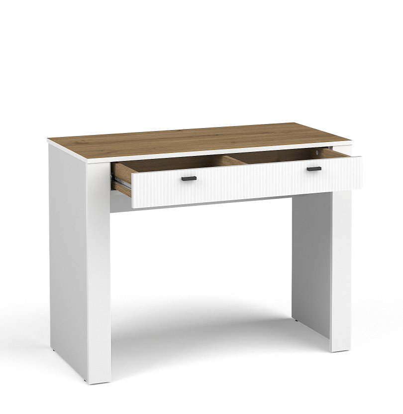 White dressing table with woodgrain top and drawer with metal bar handle