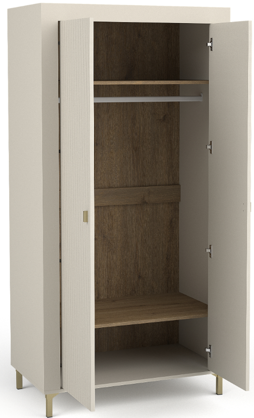 Cream double wardrobe with open doors, interior shelves, and hanging rail