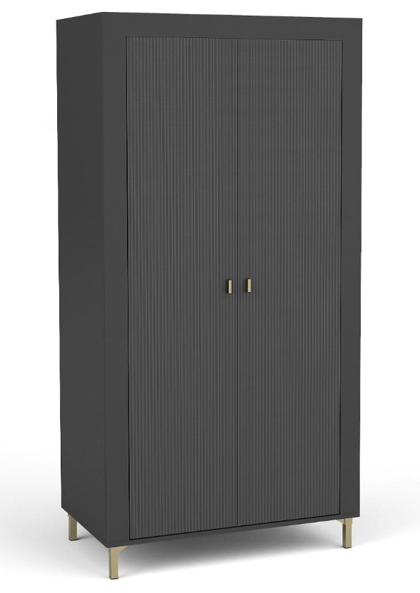 Black double wardrobe cabinet with two ribbed doors and two small handles