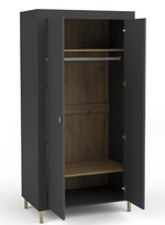 Black double wardrobe with open doors showing hanging rail and interior shelves