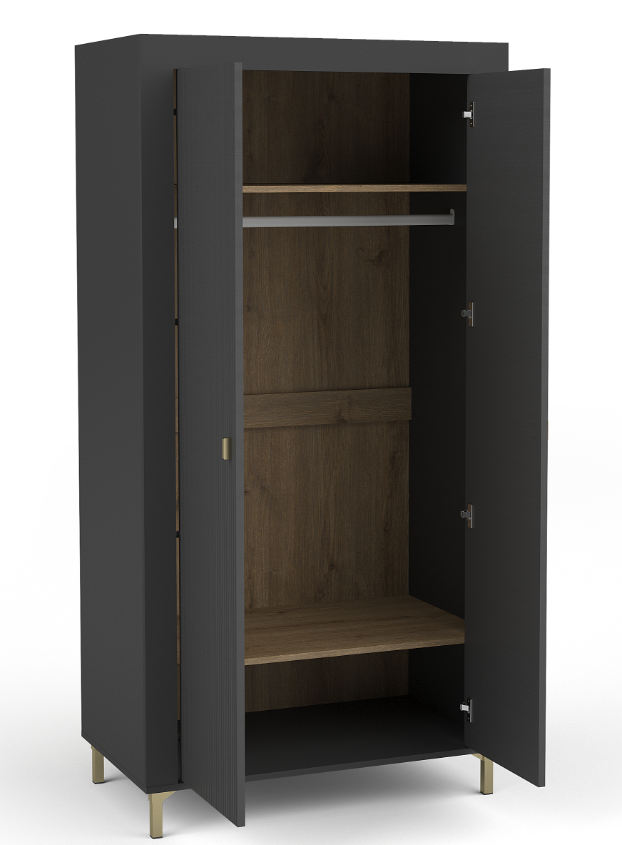 Black double wardrobe with open doors showing hanging rail and interior shelves