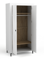 White double wardrobe with open doors showing hanging rail and interior shelves