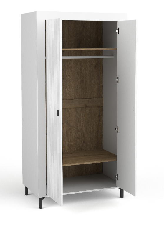 White double wardrobe with open doors showing hanging rail and interior shelves