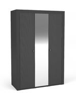 Black three-door wardrobe with central mirror panel and two textured cabinet doors