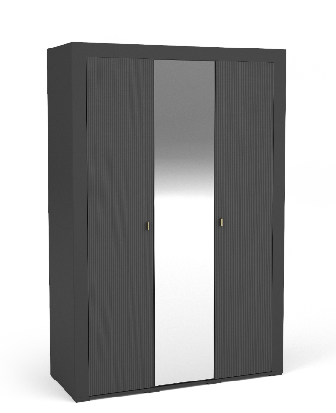 Black three-door wardrobe with central mirror panel and two textured cabinet doors