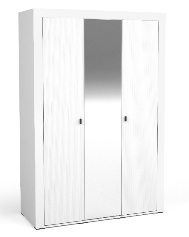 White three-door wardrobe with central mirror panel and two textured side doors