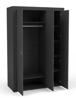Black three-door wardrobe with central mirror, open doors showing shelves and rail