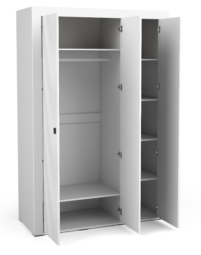 White wardrobe interior with shelves and hanging rail, shown with doors open