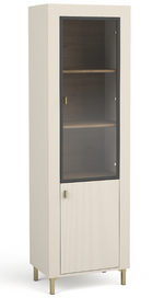 Cashmere display cabinet with glass door and multiple interior shelves.