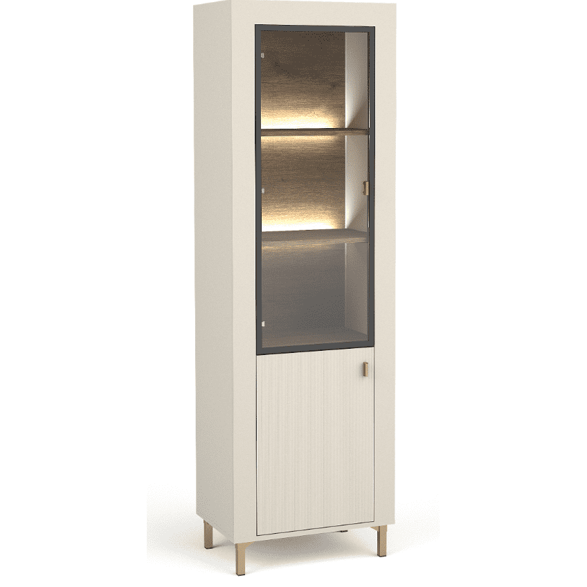 Cashmere display cabinet with glass door and interior shelves, dark metal frame.