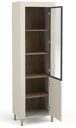 Cashmere display cabinet open to show dark interior shelves behind glass door.