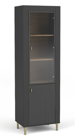 Black display cabinet with glass door and interior shelves, ribbed lower panel.