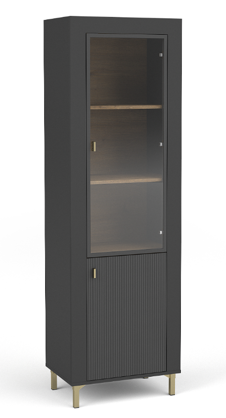Black display cabinet with glass door and interior shelves, ribbed lower panel.