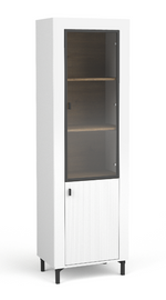 White display cabinet with glass door and visible interior shelves.