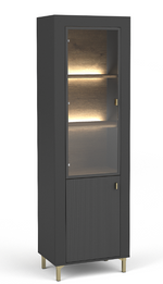 Black display cabinet with glass door and interior shelves, ribbed lower panel.