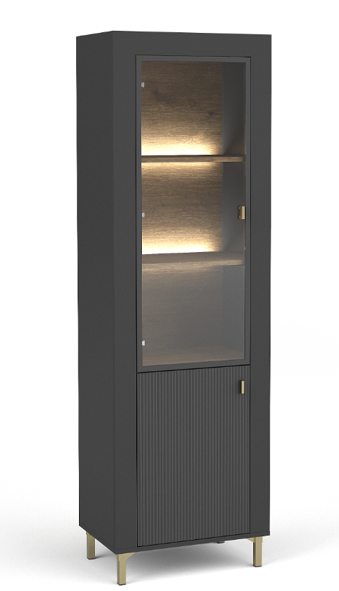Black display cabinet with glass door and interior shelves, ribbed lower panel.