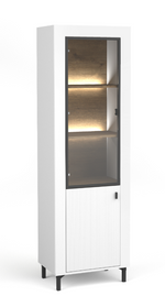 White display cabinet with glass door and dark interior shelves.