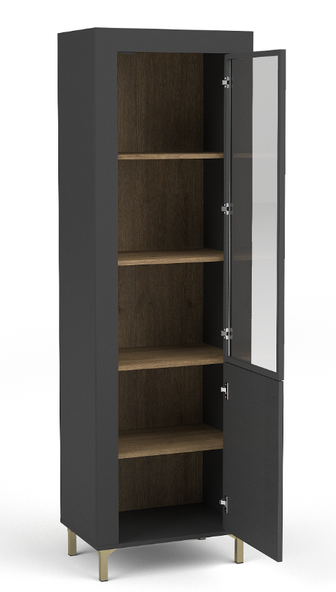 Black display cabinet open to show dark interior shelves behind glass door.