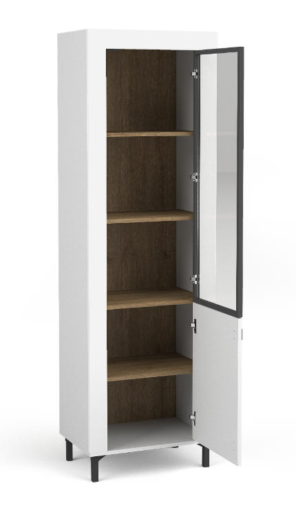 White display cabinet open to show dark interior shelves behind glass door.