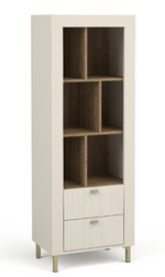 White bookcase with open cubby shelves and two bottom drawers with gold pulls.