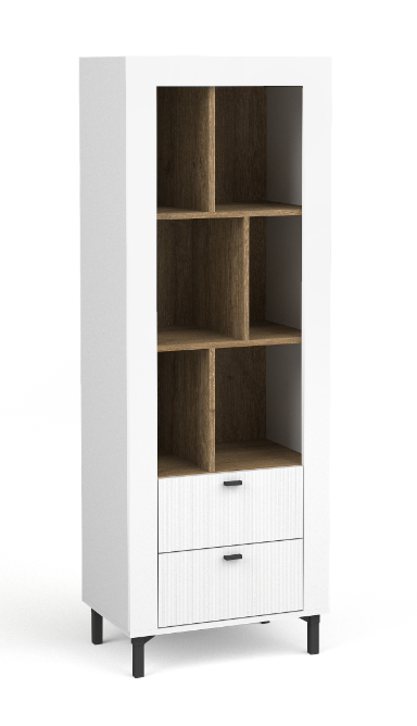 White tall bookcase with open cubby shelves and two bottom drawers, dark interior.