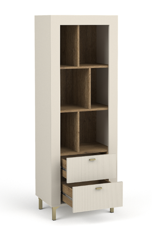 White tall bookcase with open cubby shelves and two small bottom drawers.