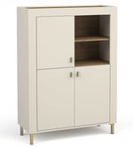 White highboard cabinet with open doors revealing four wood-tone shelves