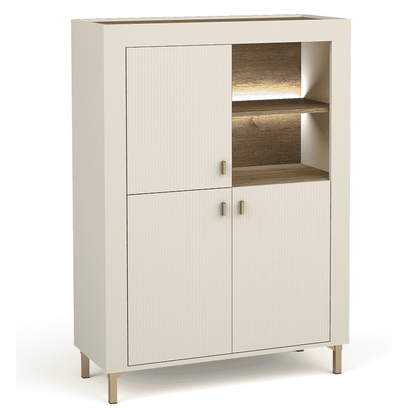 White highboard cabinet with textured doors, gold handles, and open shelving