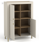 Cashmere highboard cabinet with open doors and five wood-tone shelves