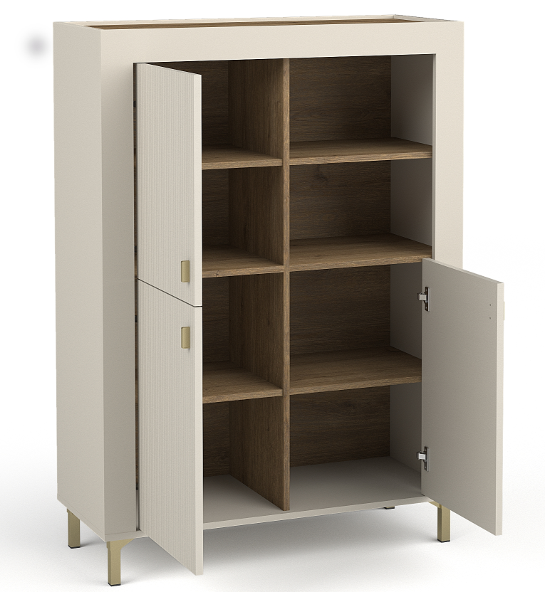 Cashmere highboard cabinet with open doors and five wood-tone shelves