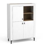 White highboard cabinet with open doors and wood-tone shelving inside