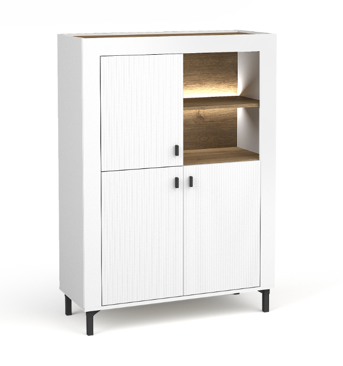 White highboard cabinet with open top compartment and textured front doors