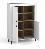 Cashmere highboard cabinet with open doors showing multiple wood-tone shelves