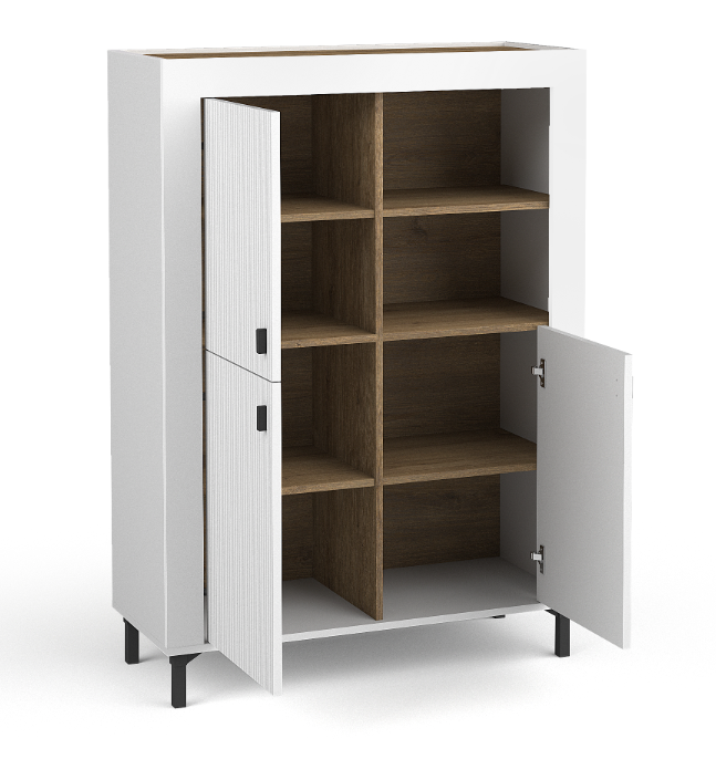 Cashmere highboard cabinet with open doors showing multiple wood-tone shelves