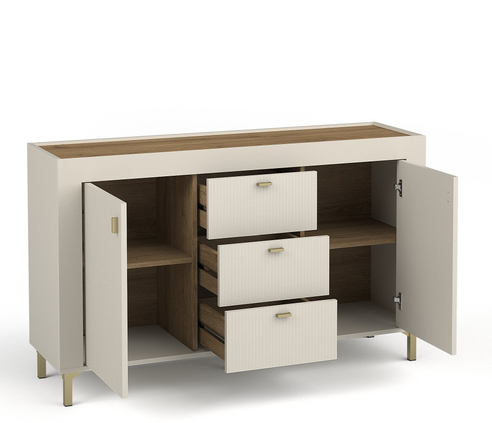 Cashmere sideboard with two doors and three drawers, wood-effect top, open storage