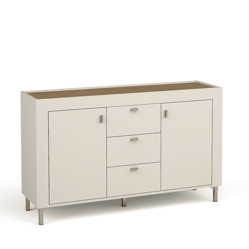 White sideboard with two doors and three drawers, ridged doors and bar handles