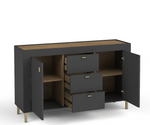 Black sideboard with two doors and three drawers, open storage, gold-tone bar handles