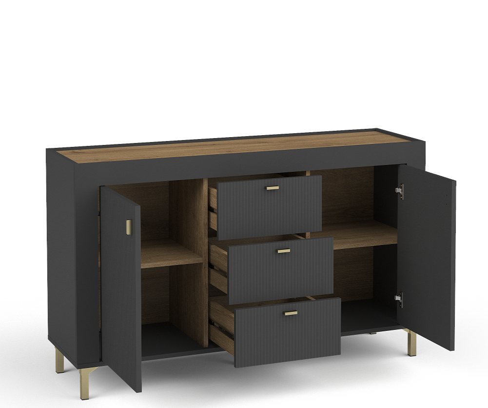 Black sideboard with two doors and three drawers, open storage, gold-tone bar handles