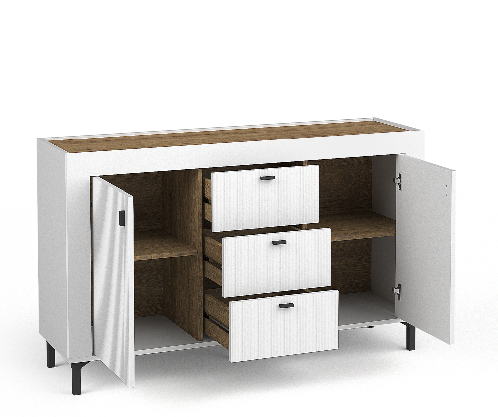 Cashmere sideboard with two doors and three drawers, open compartments, bar handles