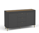 Black sideboard with two doors and three drawers, ridged panels, gold-tone bar handles