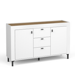 White sideboard with two cabinet doors and three drawers, dark legs and bar handles