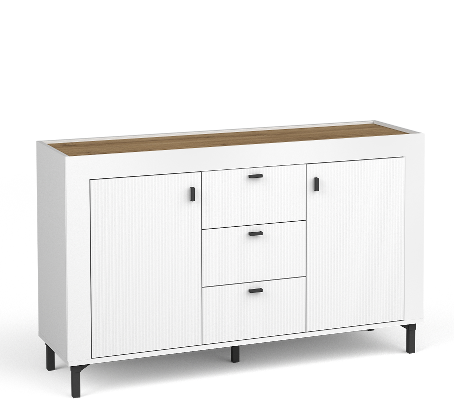 White sideboard with two cabinet doors and three drawers, dark legs and bar handles